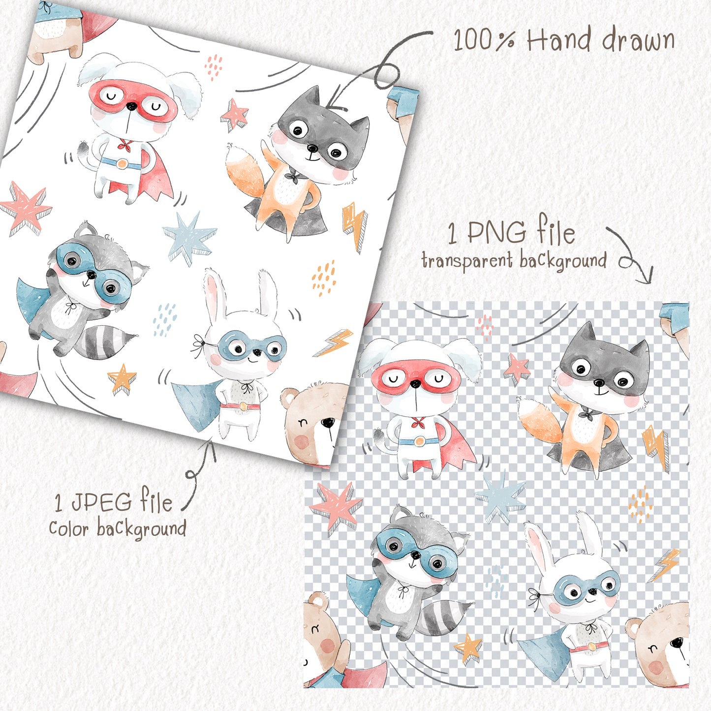 Animals superhero 2 Seamless Pattern, instant download PNG file - 300 dpi