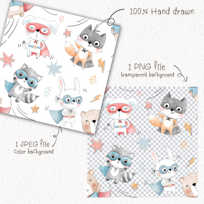 Animals superhero 2 Seamless Pattern, instant download PNG file - 300 dpi
