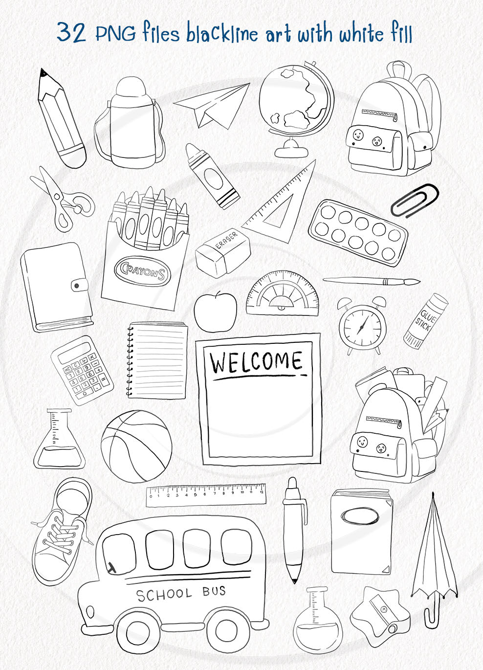Back to School digital stamp Clipart, digital stamp clipart, blackline art instant download PNG file - 300 dpi