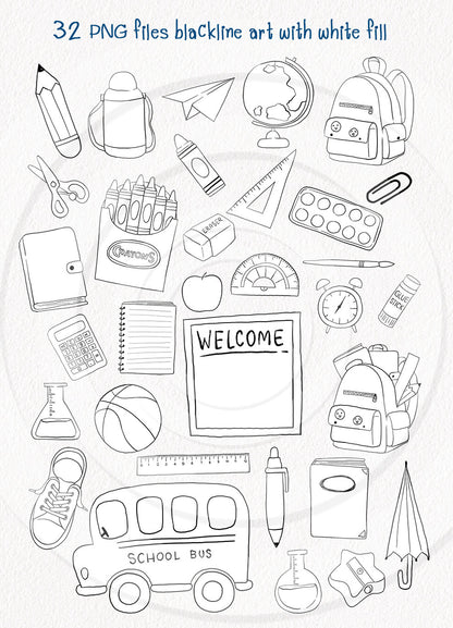 Back to School digital stamp Clipart, digital stamp clipart, blackline art instant download PNG file - 300 dpi