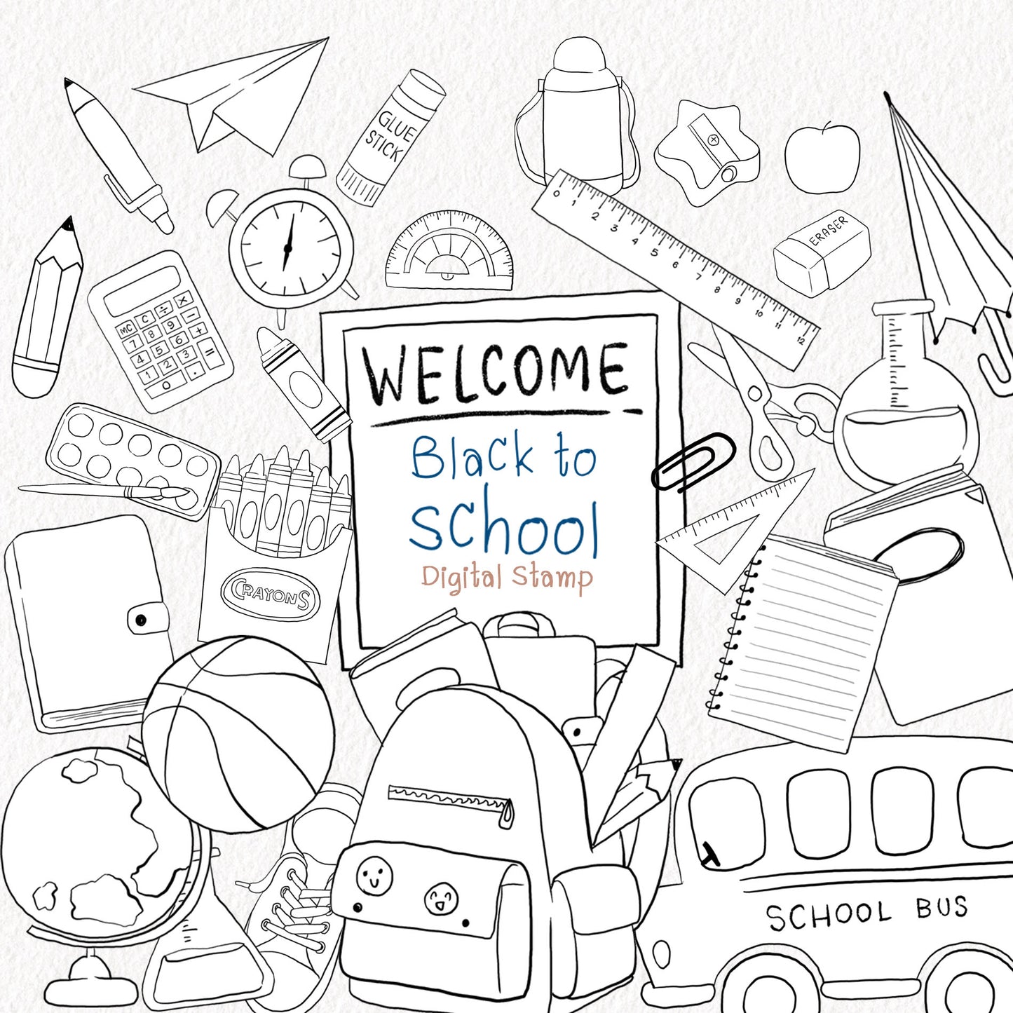 Back to School digital stamp Clipart, digital stamp clipart, blackline art instant download PNG file - 300 dpi