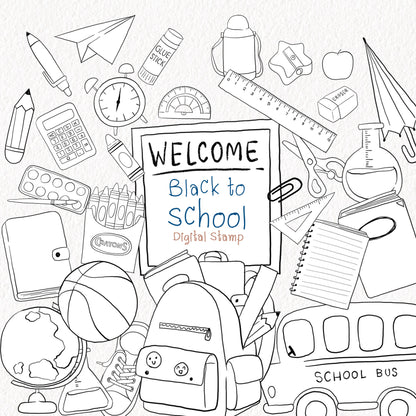 Back to School digital stamp Clipart, digital stamp clipart, blackline art instant download PNG file - 300 dpi