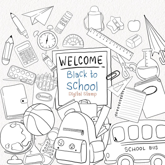Back to School digital stamp Clipart, digital stamp clipart, blackline art instant download PNG file - 300 dpi
