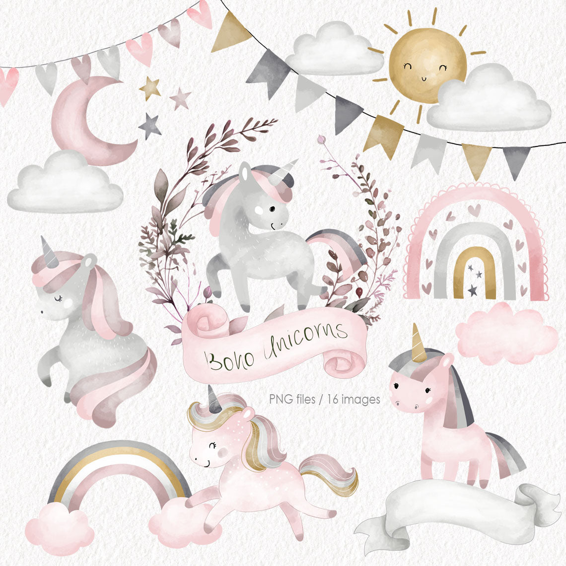 Unicorn Boho clipart, instant download PNG file - 300 dpi