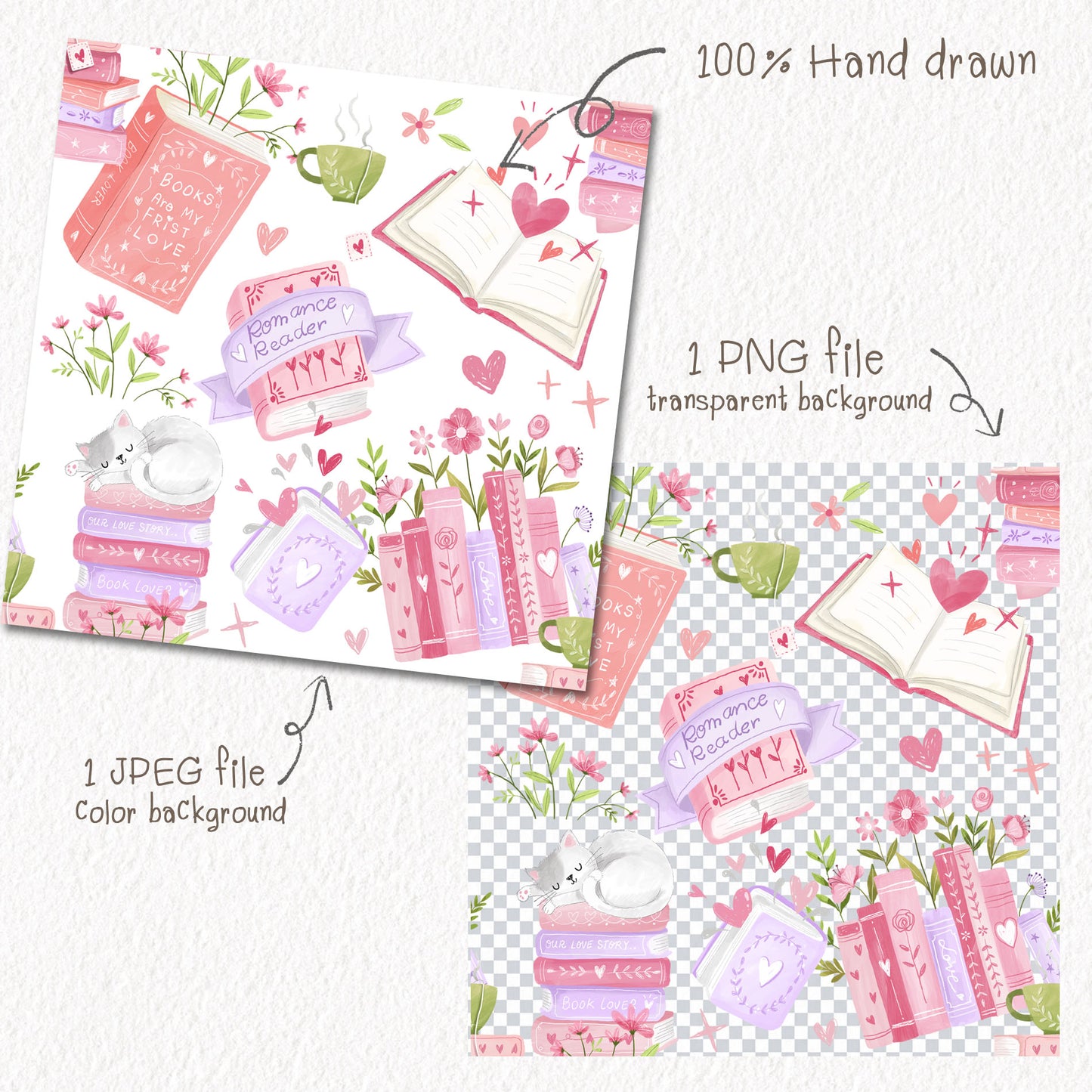 Valentine bookish Seamless Pattern, instant download PNG file - 300 dpi