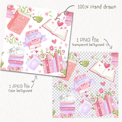 Valentine bookish Seamless Pattern, instant download PNG file - 300 dpi