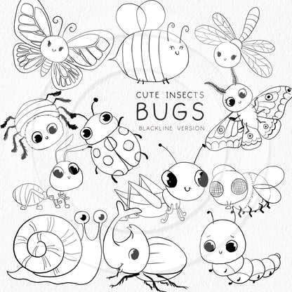 Cute Bugs, Insects Clipart, Hand drawn clipart, PNG files.