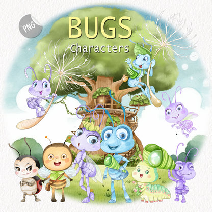 Cute Bugs characters Clipart, Hand drawn clipart, PNG files.