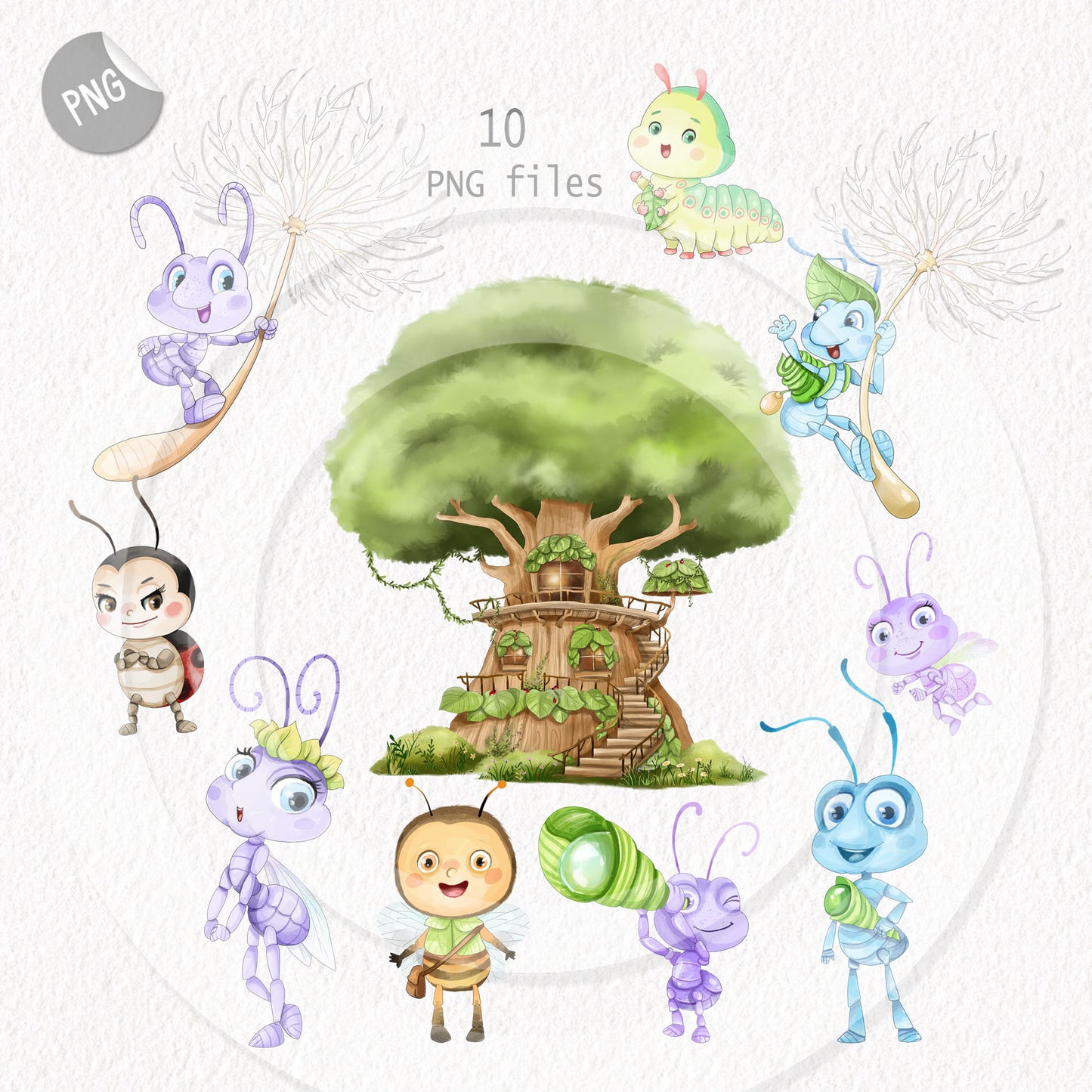 Cute Bugs characters Clipart, Hand drawn clipart, PNG files.