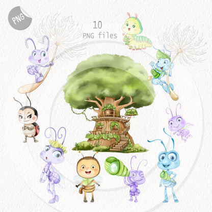 Cute Bugs characters Clipart, Hand drawn clipart, PNG files.