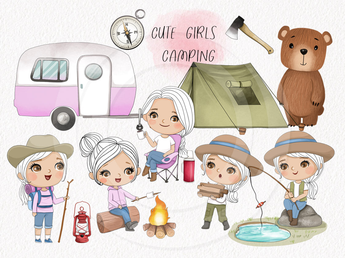 Cute girls Camping clipart instant download PNG file - 300 dpi