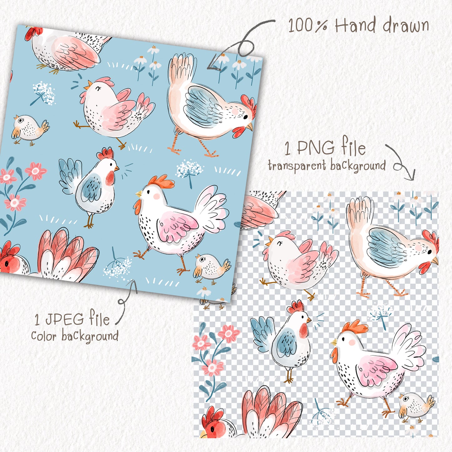 Chickens Seamless Pattern, instant download PNG , JPEG file - 300 dpi