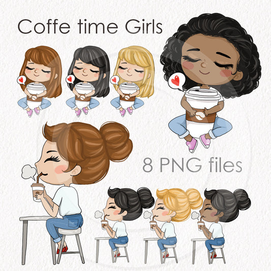 Coffee time girls clipart instant download PNG file - 300 dpi