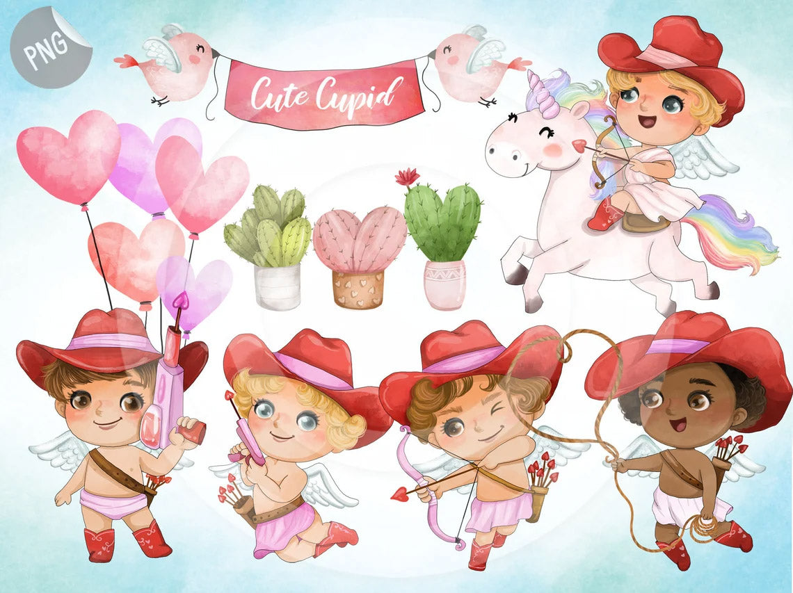 Cute Cupid , Cowboy Cupid Clipart, valentines Clipart instant download PNG file - 300 dpi