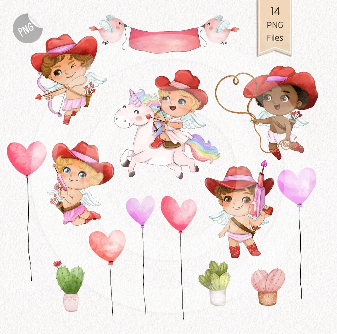 Cute Cupid , Cowboy Cupid Clipart, valentines Clipart instant download PNG file - 300 dpi