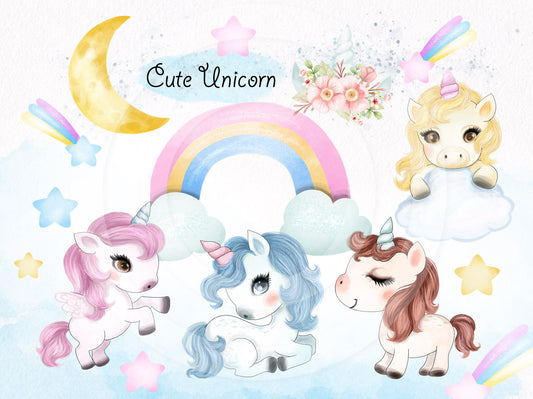 Cute Unicorn water color Clipart instant download PNG file - 300 dpi