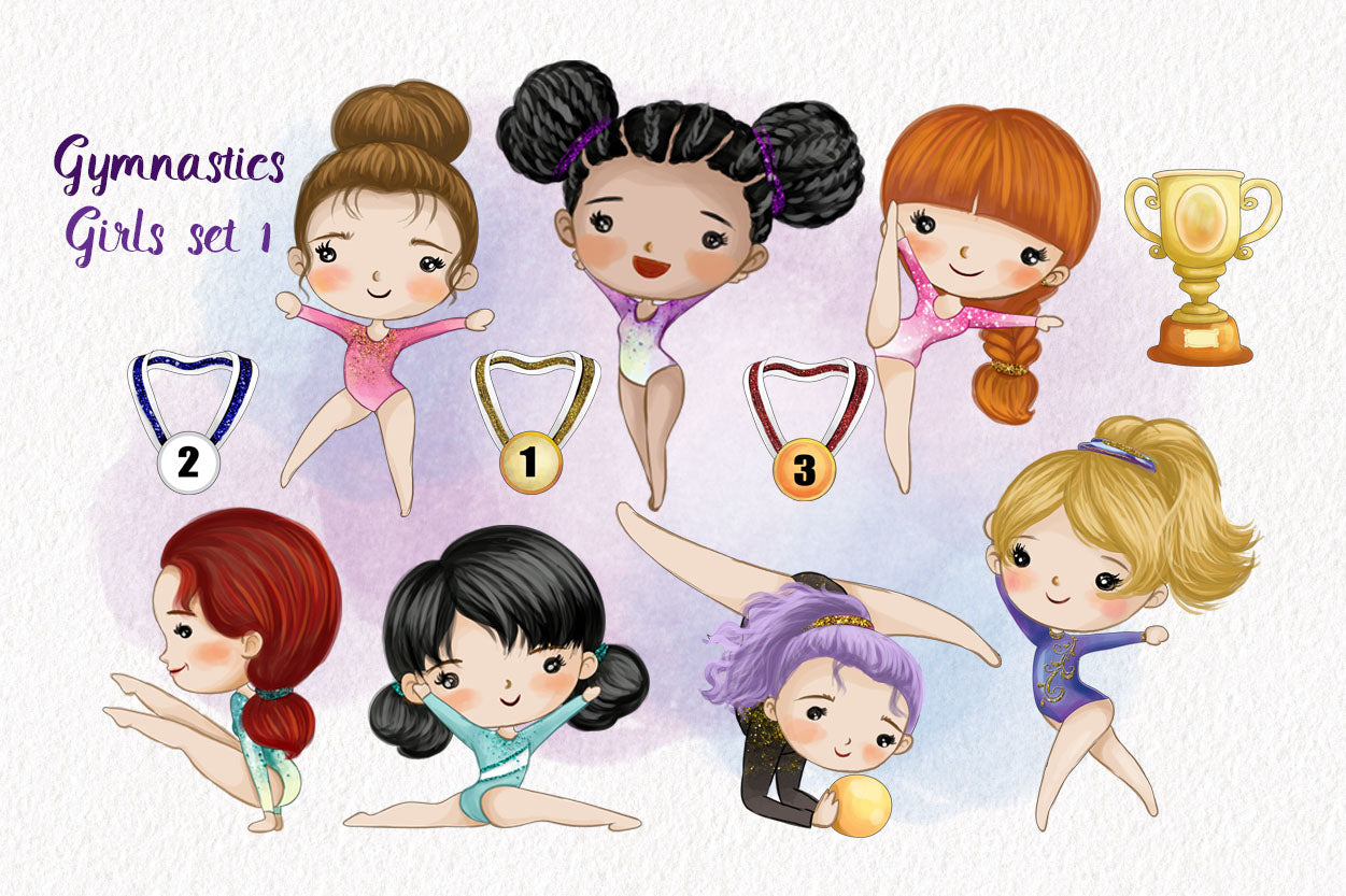 Gymnastic girls clipart set 1 instant download PNG file - 300 dpi