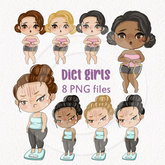 Diet girls , plus size girl clipart instant download PNG file - 300 dpi