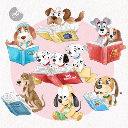 Cute Dogs reading book clipart , Hand drawn clipart, PNG file - 300 dpi