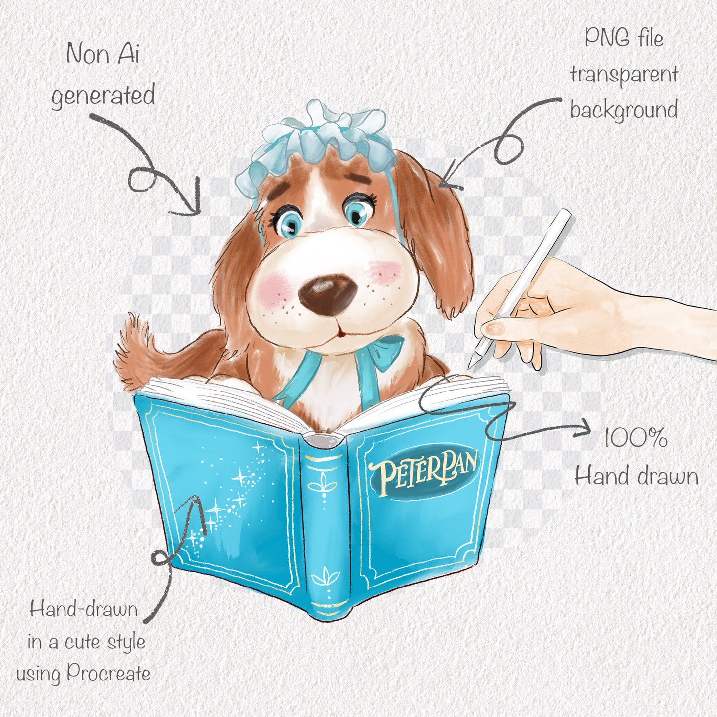 Cute Dogs reading book clipart , Hand drawn clipart, PNG file - 300 dpi