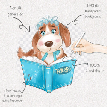 Cute Dogs reading book clipart , Hand drawn clipart, PNG file - 300 dpi