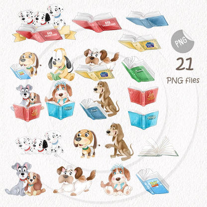 Cute Dogs reading book clipart , Hand drawn clipart, PNG file - 300 dpi