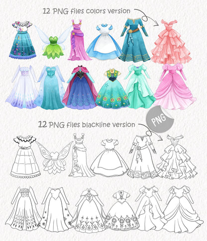 Princess dress clipart set 2  instant download PNG file - 300 dpi