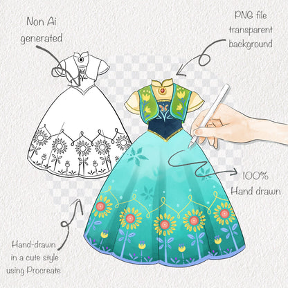 Princess dress clipart set 2  instant download PNG file - 300 dpi