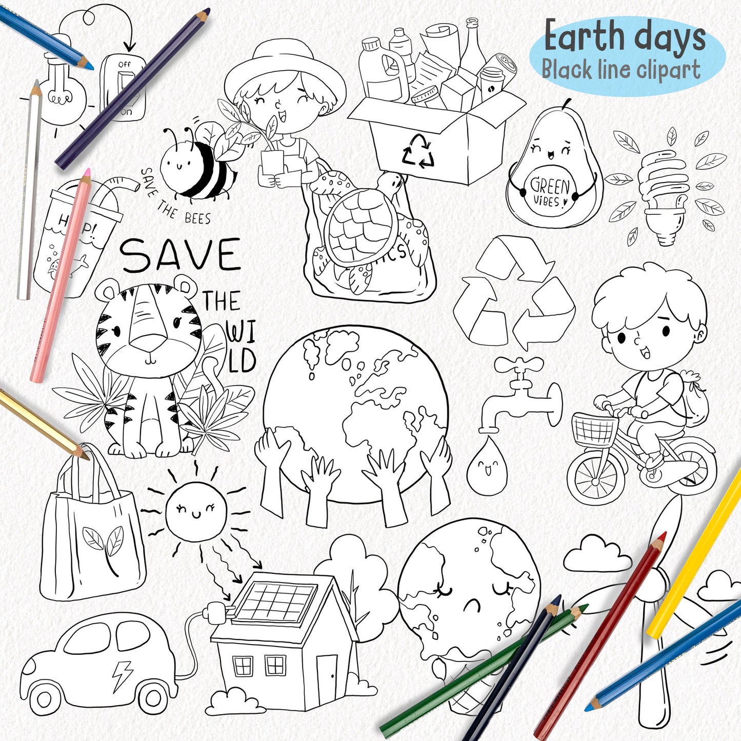 Earth Day Every Day ,blackline art , digital stamp ,instant download PNG file - 300 dpi