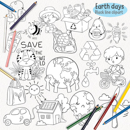 Earth Day Every Day ,blackline art , digital stamp ,instant download PNG file - 300 dpi