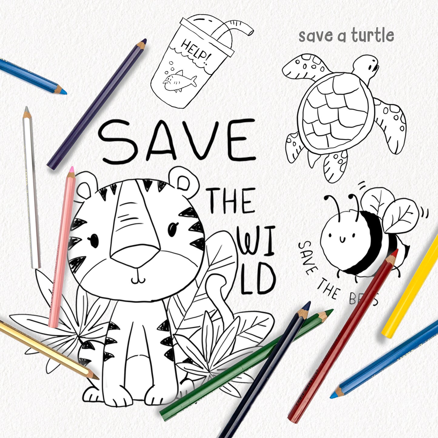 Earth Day Every Day ,blackline art , digital stamp ,instant download PNG file - 300 dpi