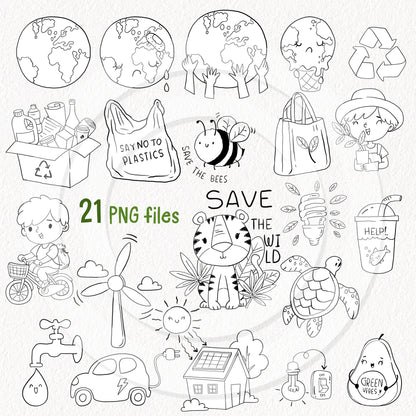 Earth Day Every Day ,blackline art , digital stamp ,instant download PNG file - 300 dpi