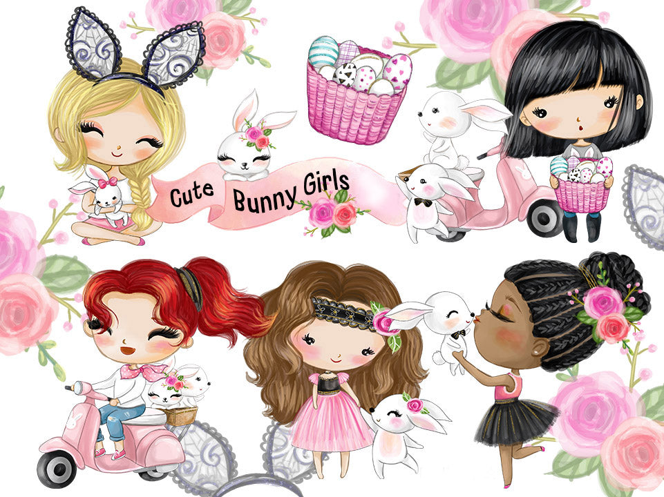 Cute bunny girls clipart instant download PNG file - 300 dpi