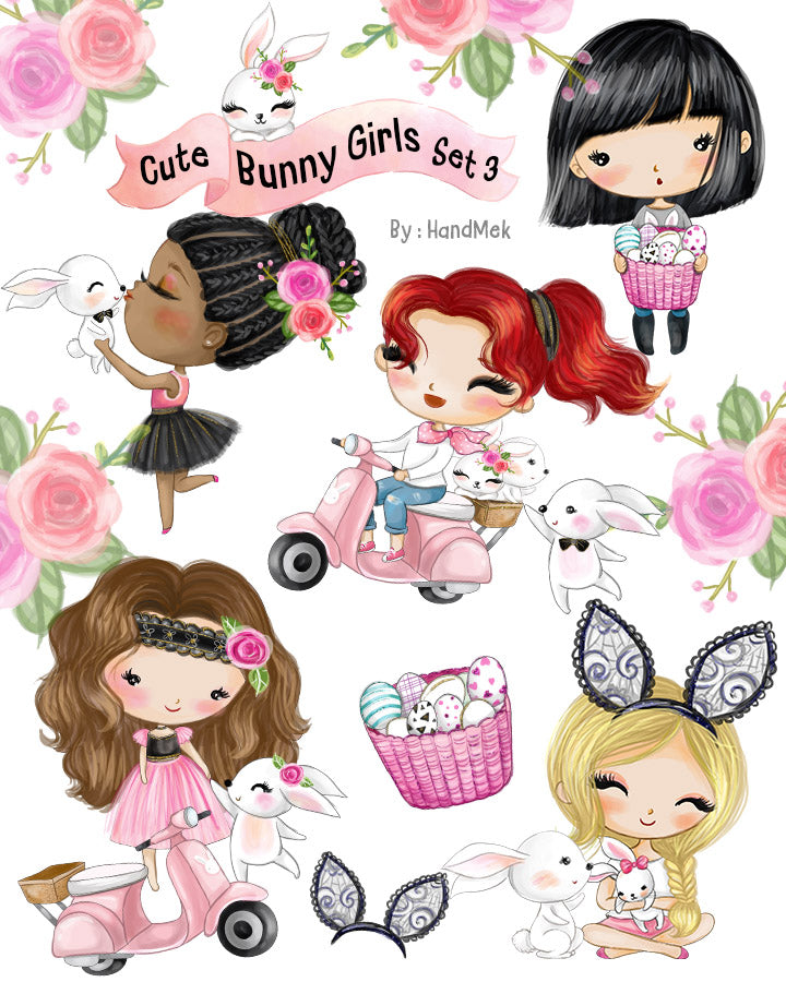 Cute bunny girls clipart instant download PNG file - 300 dpi