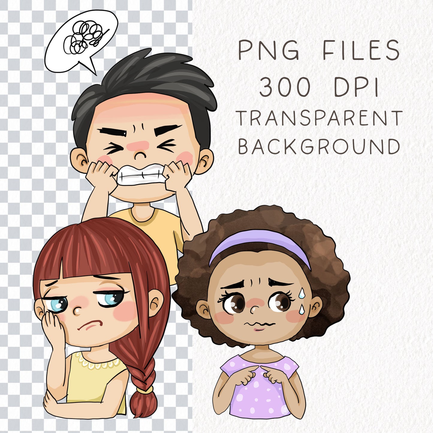 Emotions kids clipart set2, instant download PNG file - 300 dpi