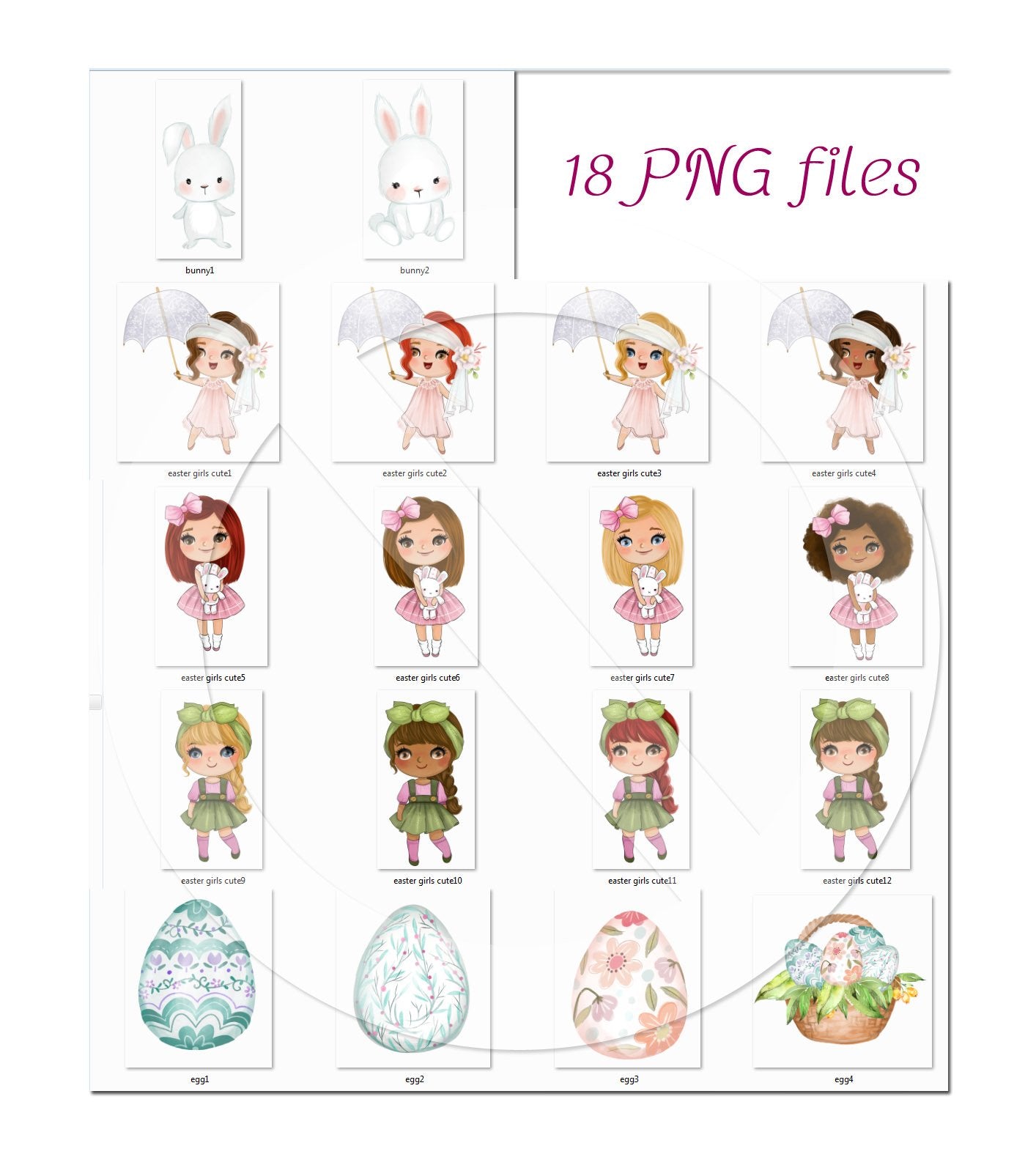 Cute Easter girls clipart instant download PNG file - 300 dpi