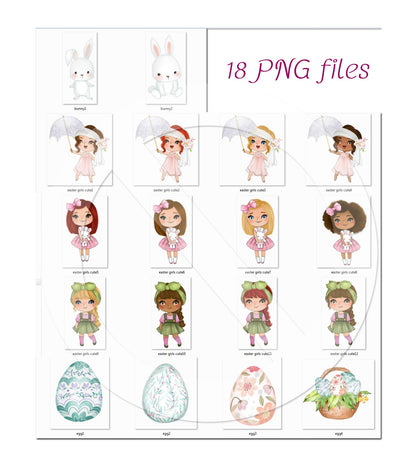 Cute Easter girls clipart instant download PNG file - 300 dpi