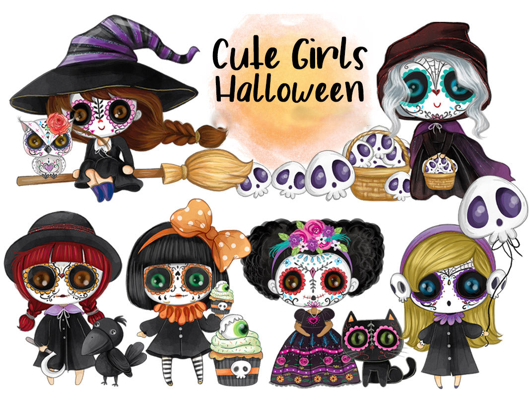 Halloween cute girls clipart PNG files instant download PNG file - 300 dpi