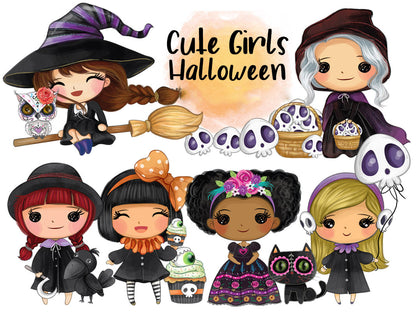 Halloween cute girls clipart PNG files instant download PNG file - 300 dpi