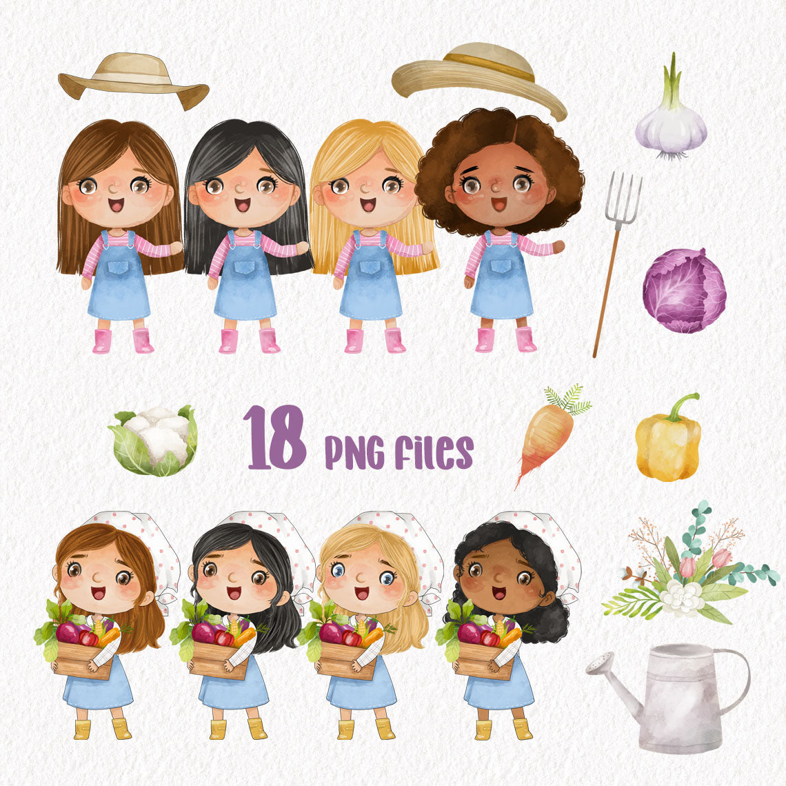 Farm girls clipart bundles set, instant download PNG file - 300 dpi