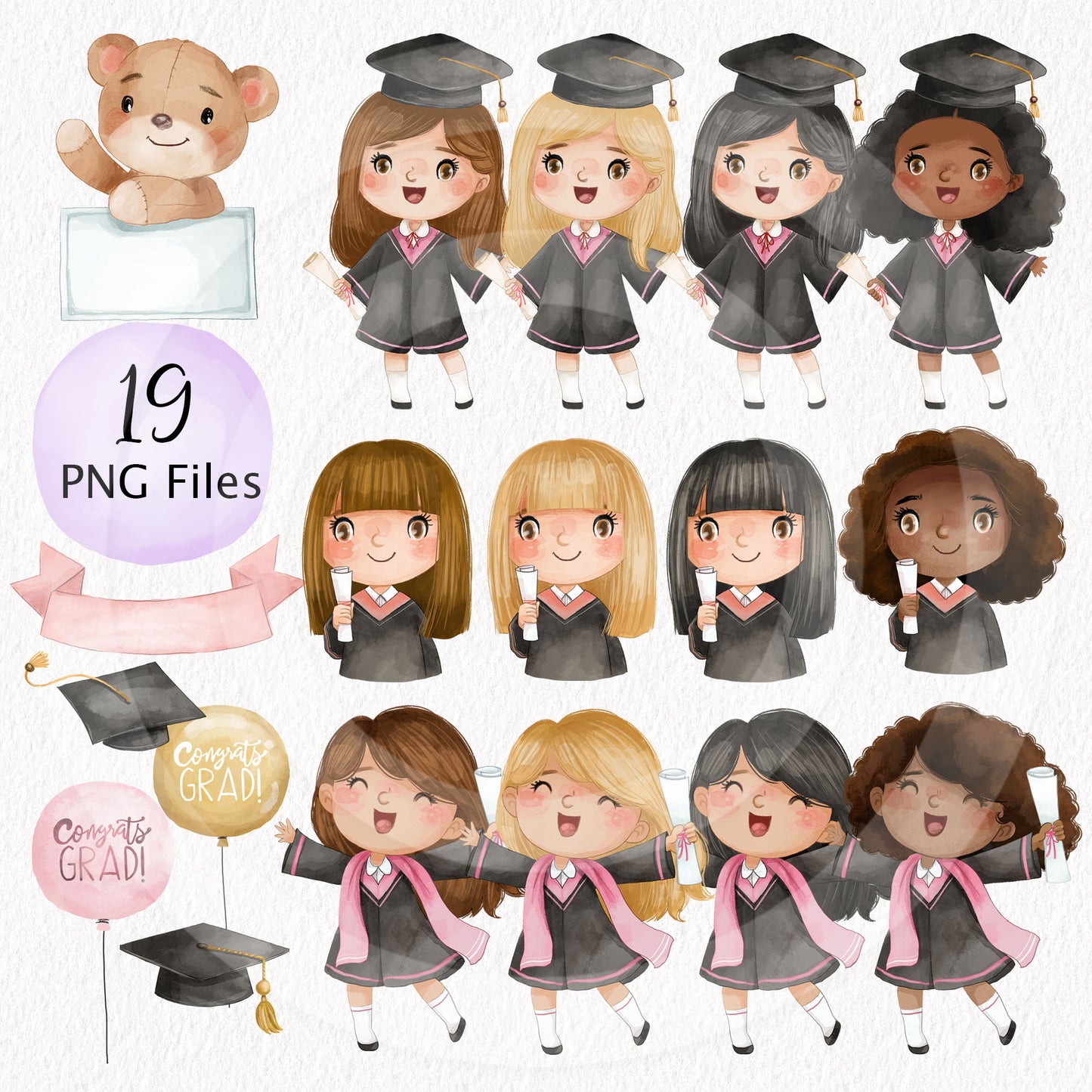 Graduation girls Clipart, Bundle set instant download PNG file - 300 dpi