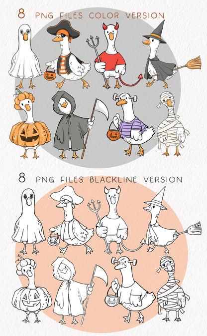 Halloween Goose Clipart Set, Cute Spooky Geese PNG clipart instant download PNG file - 300 dpi