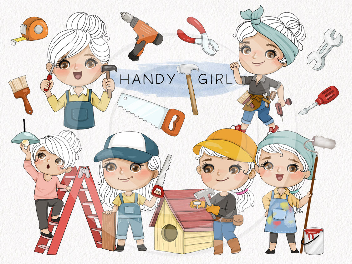 Cute Handygirls clipart instant download PNG file - 300 dpi