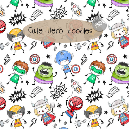 Cute Hero Hand Drawn ,doodle clipart, Seamless Pattern, instant download PNG file - 300 dpi