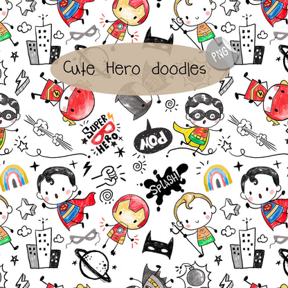 Cute Hero Hand Drawn ,doodle clipart, Seamless Pattern, instant download PNG file - 300 dpi