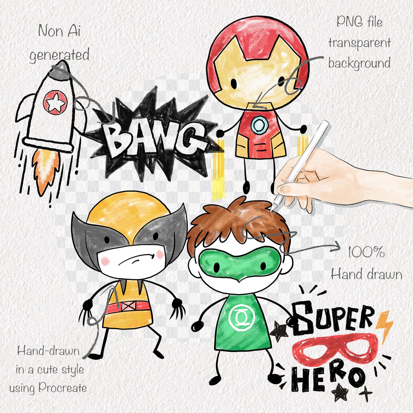 Cute Hero Hand Drawn ,doodle clipart, Seamless Pattern, instant download PNG file - 300 dpi