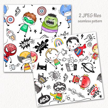Cute Hero Hand Drawn ,doodle clipart, Seamless Pattern, instant download PNG file - 300 dpi