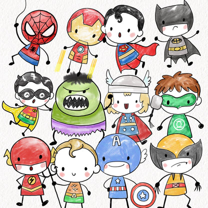 Cute Hero Hand Drawn ,doodle clipart, Seamless Pattern, instant download PNG file - 300 dpi