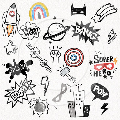 Cute Hero Hand Drawn ,doodle clipart, Seamless Pattern, instant download PNG file - 300 dpi