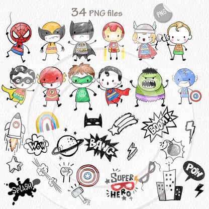 Cute Hero Hand Drawn ,doodle clipart, Seamless Pattern, instant download PNG file - 300 dpi